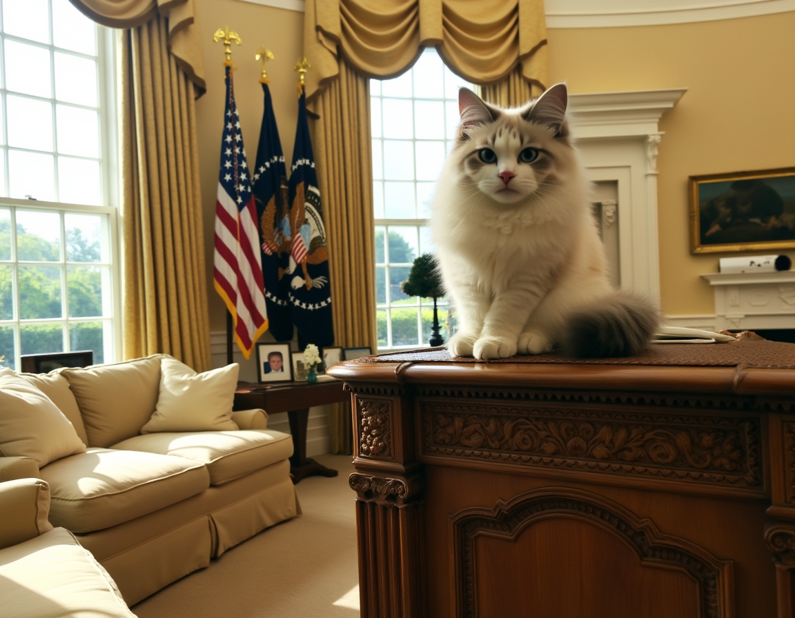 Cat perched on the Resolute Desk in the Oval Office, basking in the dignified atmosphere of the new administration.
